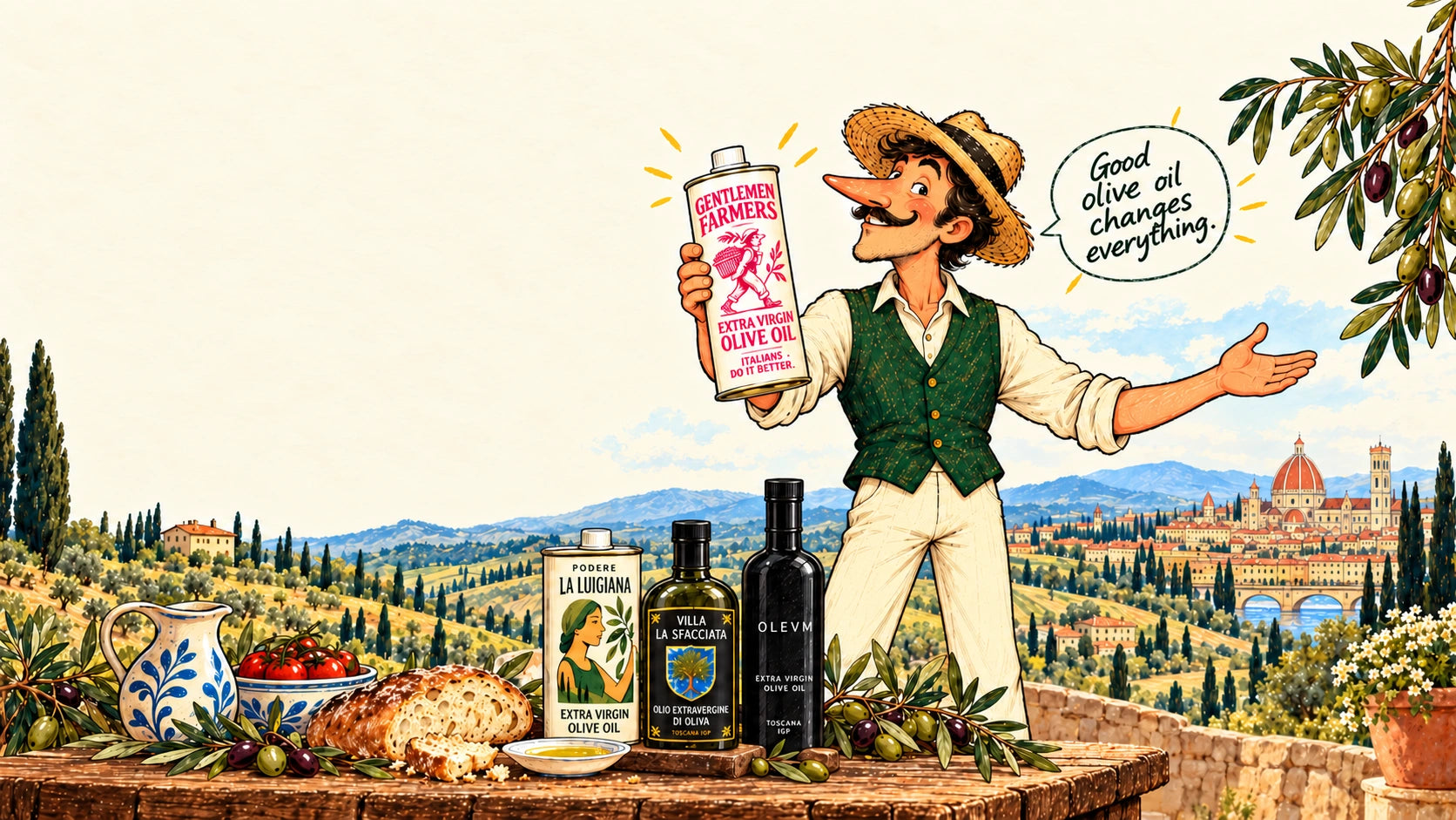 An illustrated Tuscan farmer holding Gentlemen Farmers olive oil, beside La Luigiana, La Sfacciata and OLEVM, overlooking Florence. Good olive oil changes everything.