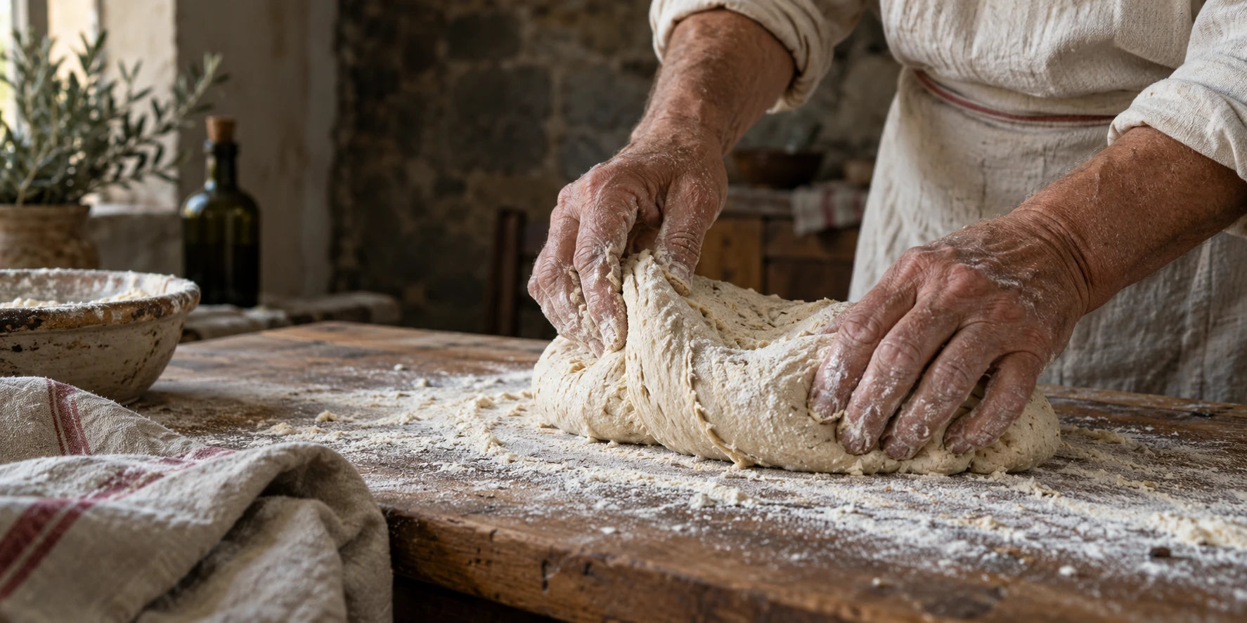 Flour-dusted hands folding bread dough on a wooden table