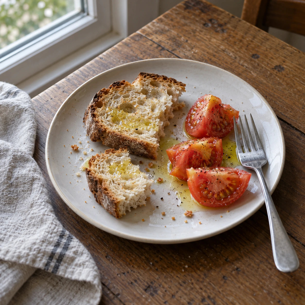 Tomatoes, bread and olive oil on a rustic table