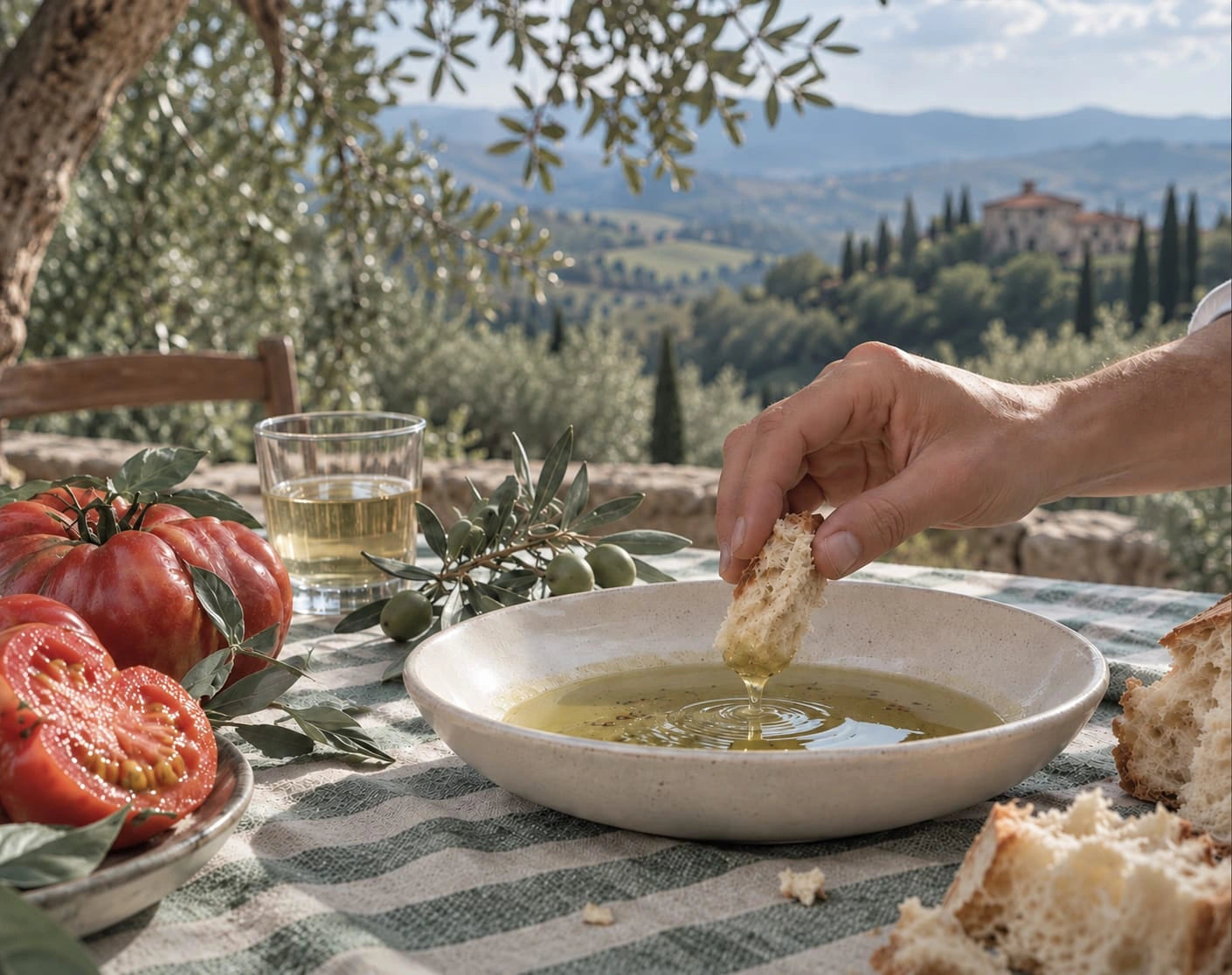 A hand dipping bread into olive oil beside tomatoes on a terrace overlooking the Tuscan hills